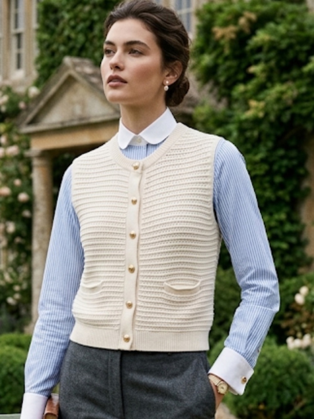 Magaschoni Cream Knit Button-Front Vest with Goldtone Buttons